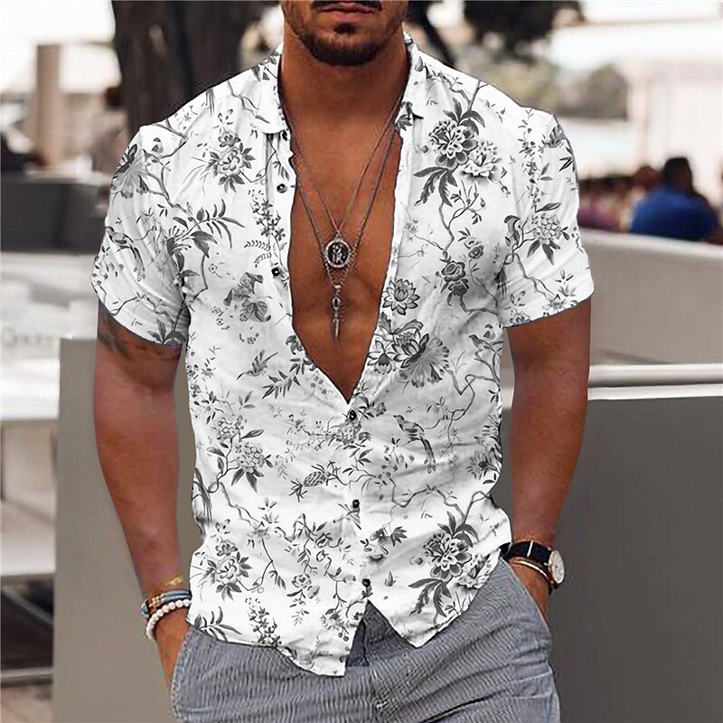 Men's Graphic Floral Leaves Turndown 3D Print Outdoor Street Short Sle