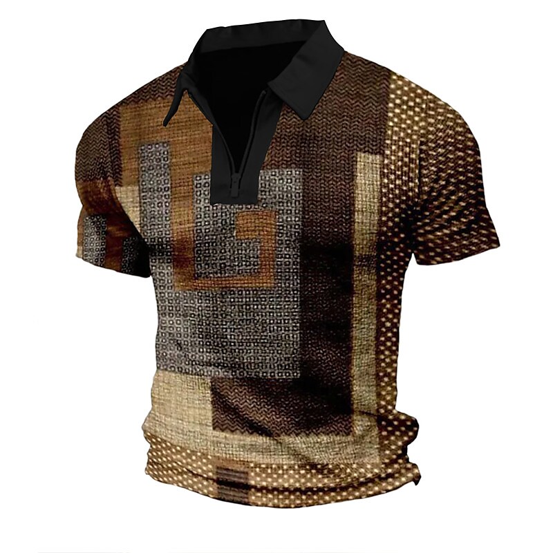 Men's Polo Golf Shirt Zip Plaid Striped Graphic Prints Geometry Turndown Short Sleeves Zipper Print Fashion Casual Top