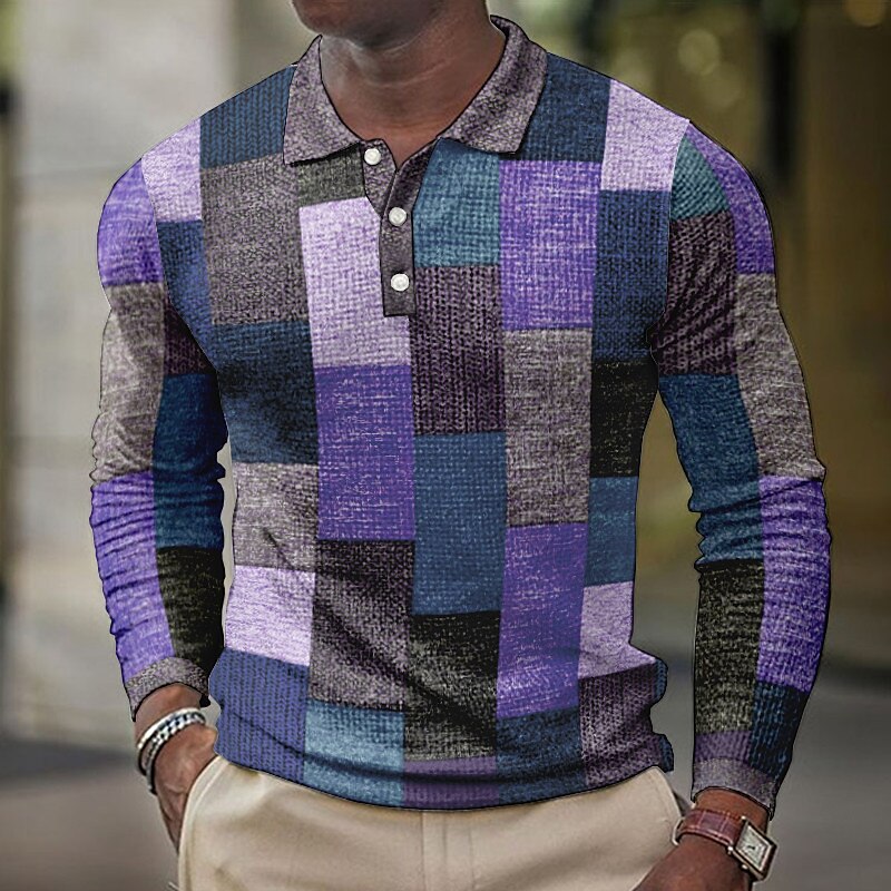 Men's Casual Outdoor Street Fashion Comfortable Soft Plaid Long Sleeves Polo Shirt