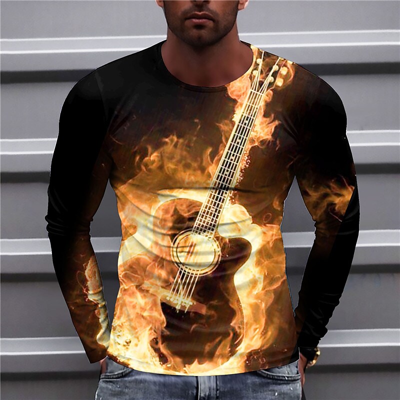 Men's T shirt Graphic Flame Guitar Crew Neck 3D Print Outdoor Casual Long Sleeve Print Vintage Top