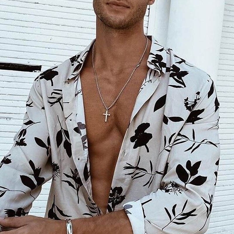 Men's Shirt Button Up Summer Casual Shirt White Long Sleeve Color Bloc