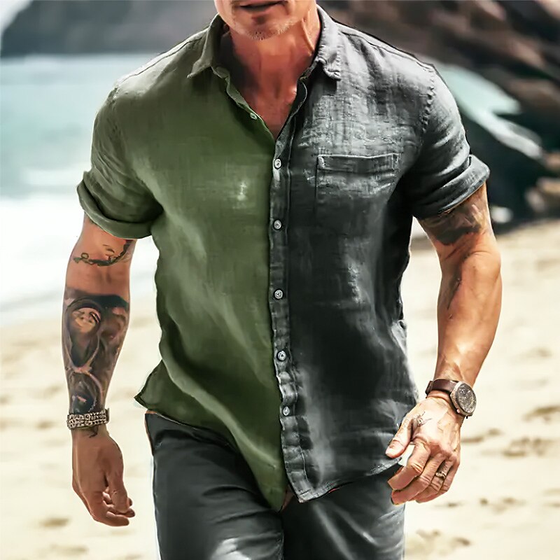 Men's Outdoor Holiday Beach Casual Breathable Pocket Comfortable Light Plain Lapel Short Sleeve Shirt