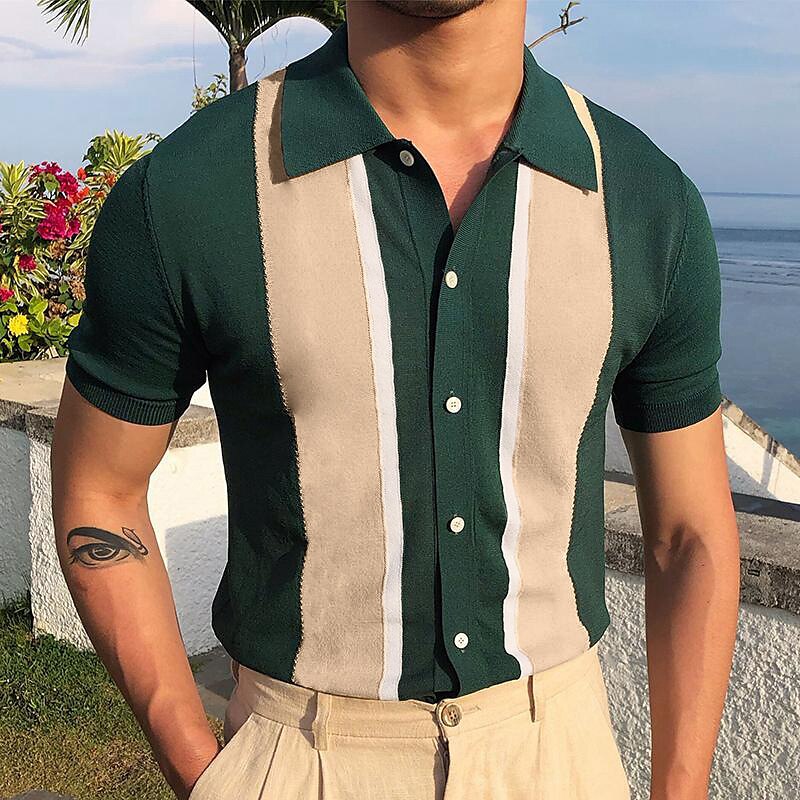Men's Knit Polo Sweater Outdoor Street Turndown Button Short Sleeve Casual Striped Button Front Knit Polo Shirt