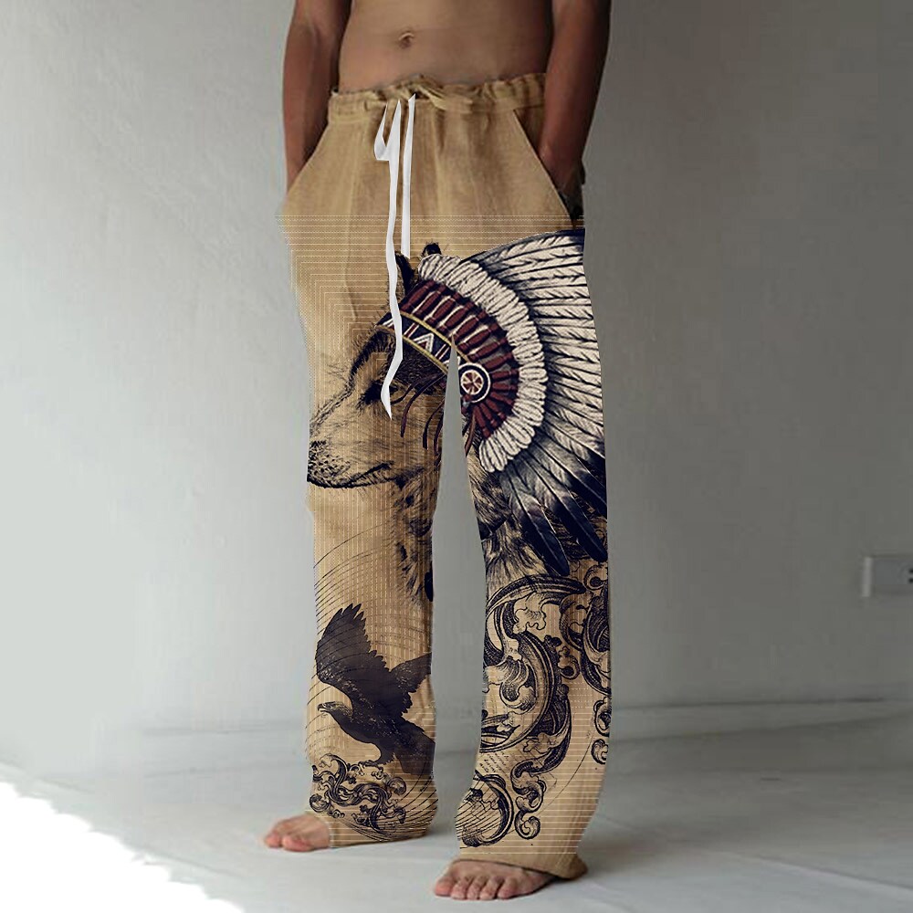 Men's Casual Outdoor Sports Drawstring Breathable Elastic Waist Animal Print Beach Trousers