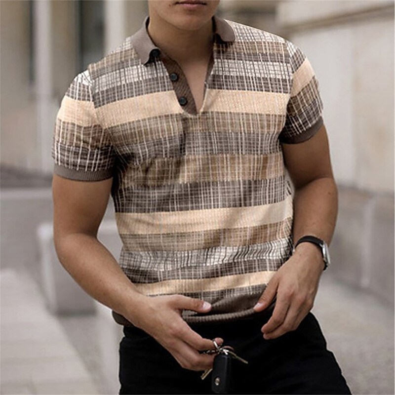 Men's Golf Street Casual Polo Collar Classic Short Sleeve Striped Button Front Button-Down Summer Regular Fit Polo Shirt