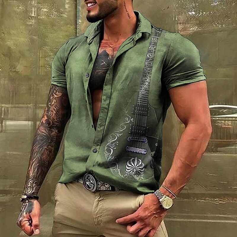 Men's Shirt Graphic Prints Music Guitar Turndown Street Casual Short Sleeves Button-Down Print Top