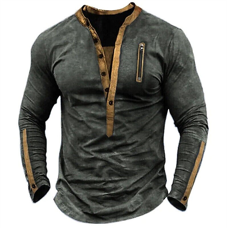 Men's Henley Shirt Plain Henley Street Vacation Long Sleeve Patchwork Zipper Designer Vintage Top