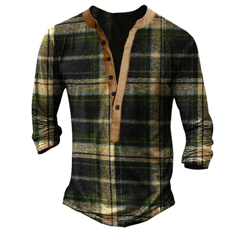 Men's Henley Shirt Long Sleeve Shirt Plaid / Check Henley Street Vacation Long Sleeve Fashion Top