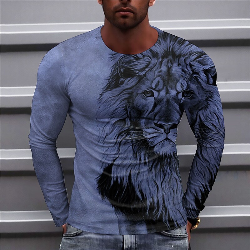 Men's T shirt Graphic Animal Lion Crew Neck Clothing Apparel 3D Print Outdoor Casual Long Sleeve Print Top