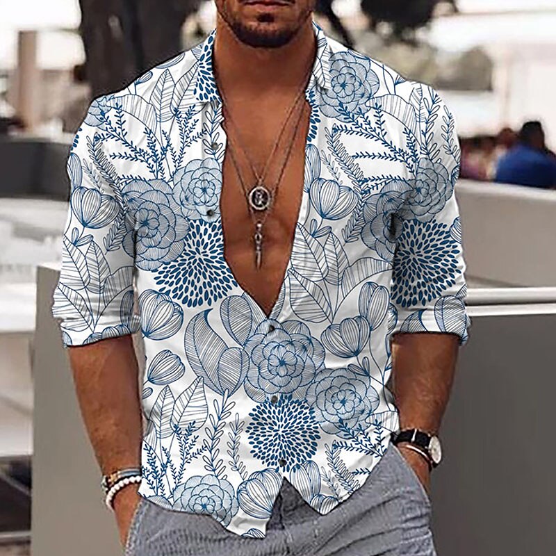 Men's Graphic Shirt Floral Collar Print Outdoor Casual Long Sleeve Print Button-Down Casual Comfortable Shirt 