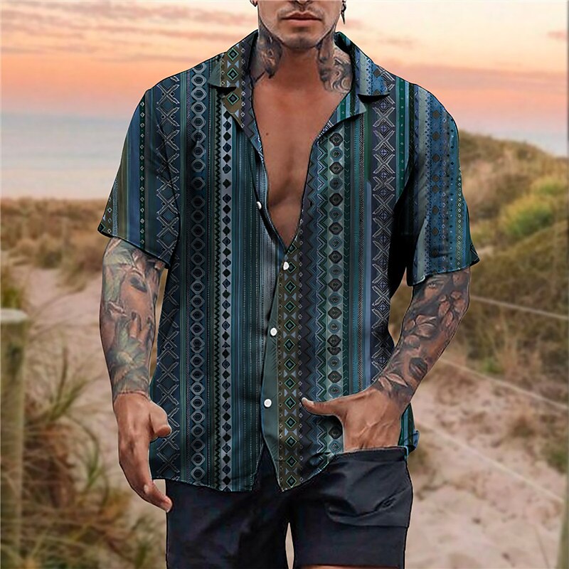 Men's Boho Shirt Floral Tribal Vintage Geometry Cuban Collar Short Sleeve Button-Down Print Tropical Shirt 