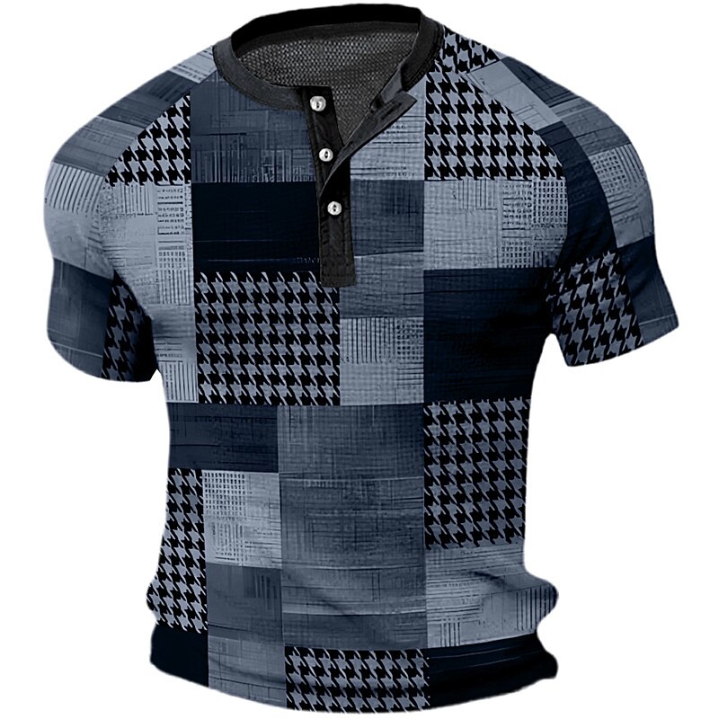 Men's Waffle Outdoor Casual Street Fashion Breathable Soft Short Sleeves Plaid Henley Shirt