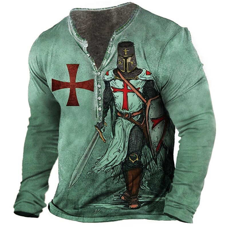 Men's Henley Shirt  Graphic Templar Cross Soldier Henley Print Plus Size Outdoor Daily Long Sleeve Button-Down T shirt