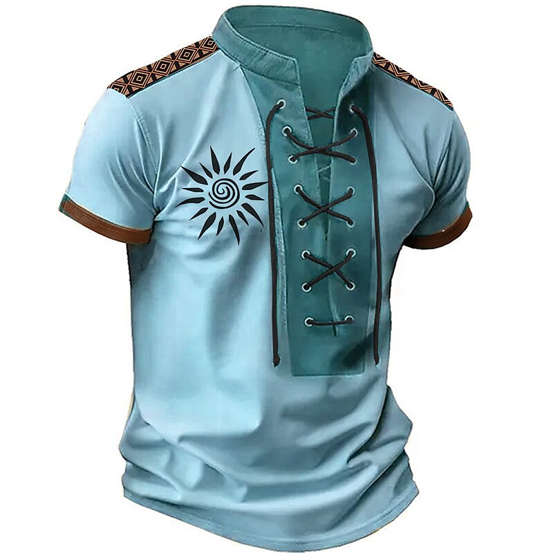 Men's T shirt Graphic Color Block Sun Stand Collar Print Daily Sports Short Sleeve Lace up Vintage Henley Shirt