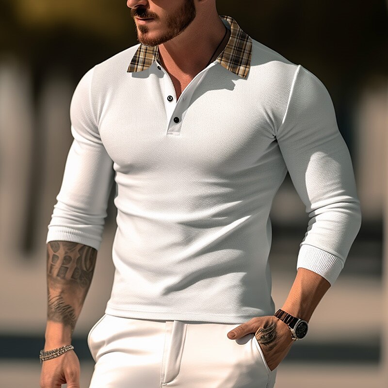 Men's Golf Shirt Casual Sports Lapel Long Sleeve Fashion Basic Color Block Plaid / Check Patchwork Button Polo Shirt 