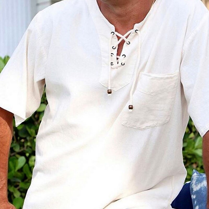 Men's Outdoor Beach Casual Vacation Breathable Quick Dry Lightweight Solid Color V-neck Short Sleeve Henley Shirt