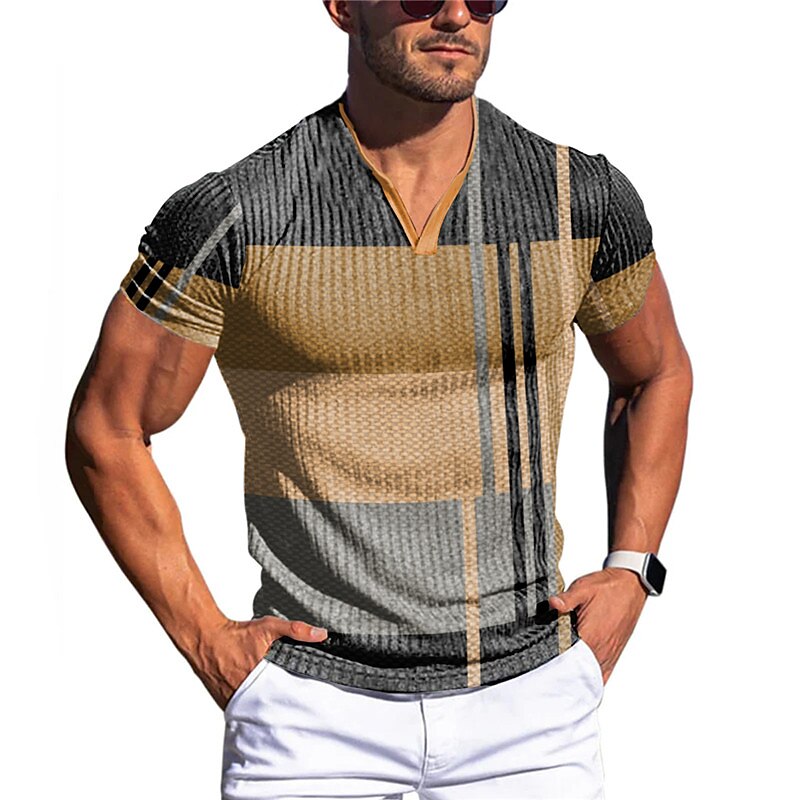 Men's Waffle Casual Outdoor Fashion Comfortable Breathable Soft V Neck Print Short Sleeves T Shirt