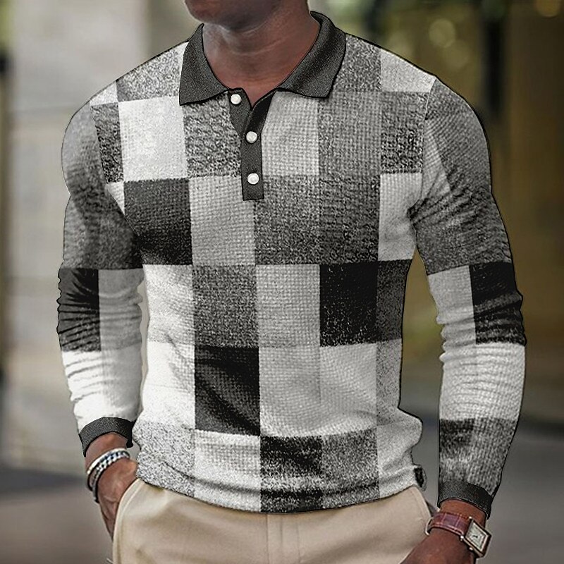 Men's Golf Outdoor Street Casual Breathable Comfortable Soft Plaid Long Sleeves Polo Shirt