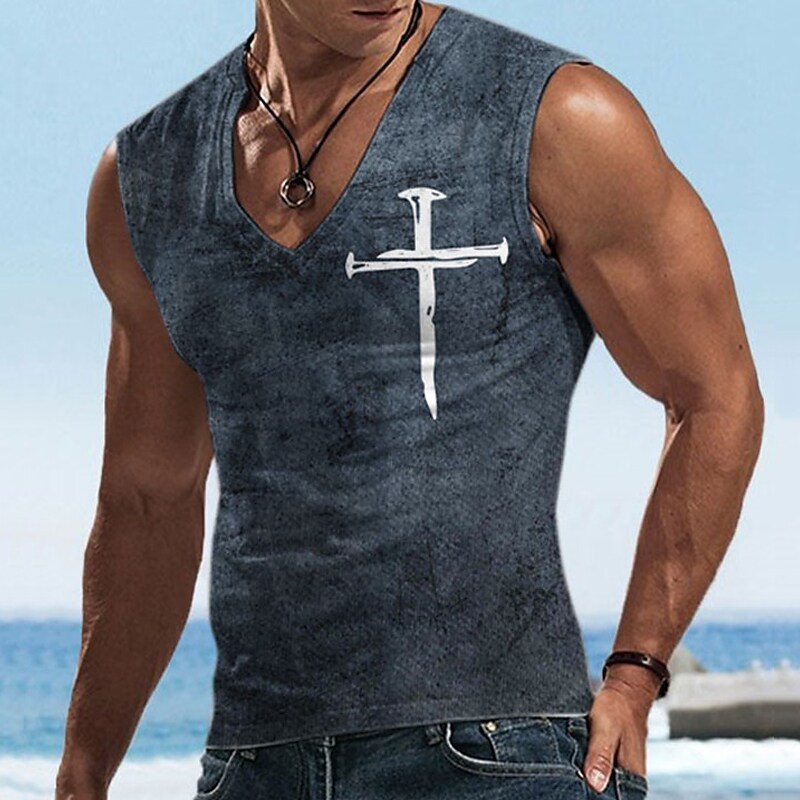 Men's  Sleeveless T Shirt Graphic Cross Faith V Neck Sports Running Sleeveless Designer Casual Muscle Top