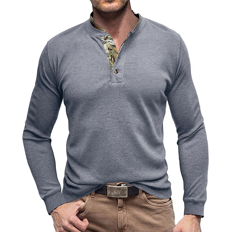 Men's Waffle Top Color Block Henley Street Vacation Long Sleeve Clothing  Henley Shirt