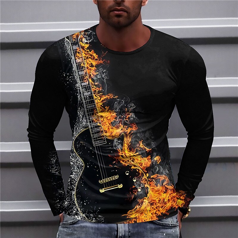 Men's T shirt Tee Tee Graphic Flame Guitar Crew Neck Clothing Apparel