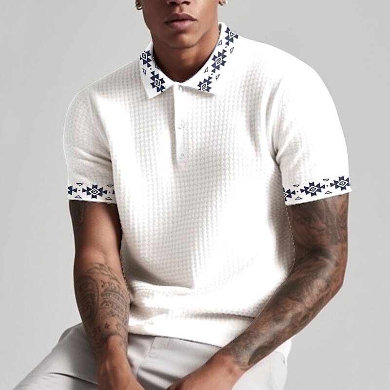 Men's Waffle Shirt Button Up Polos Lapel Polo Shirt Golf Shirt Graphic Prints Geometry Turndown Outdoor Short Sleeve Print Top