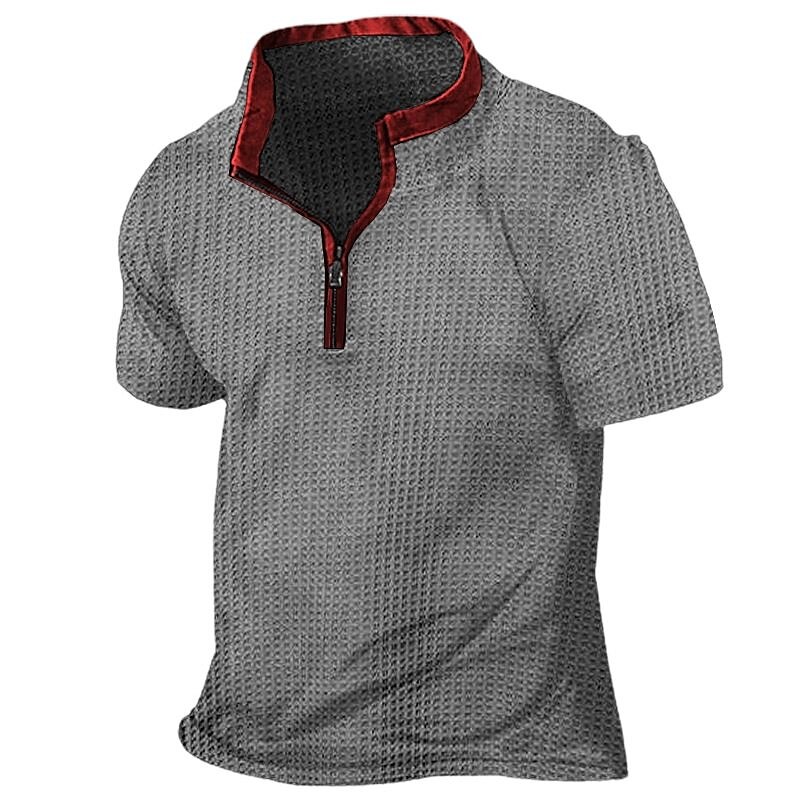 Men's Waffle Outdoor Street Vacation Fashion Comfortable Breathable Soft Zip Plain Short Sleeves Polo Shirt