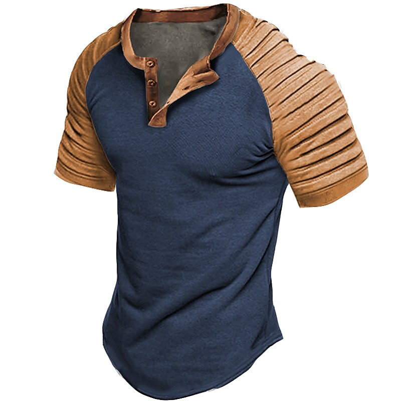 Men's Henley Shirt Raglan T Shirt Color Block Henley 3D Print Outdoor Casual Short Sleeve Ruched Patchwork Top