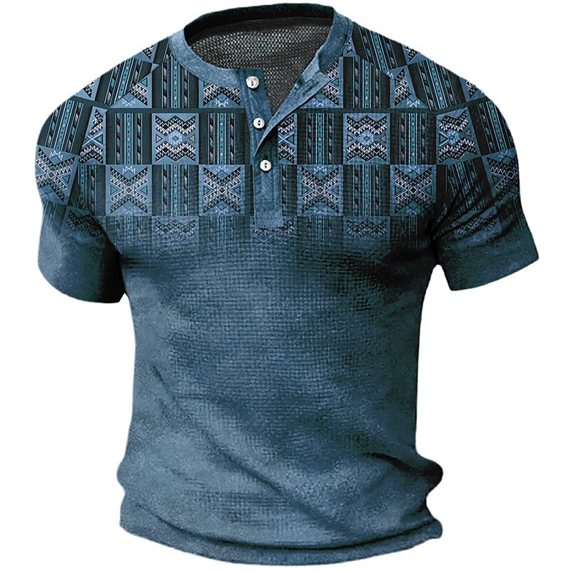 Men's Waffle Casual Outdoor Fashion Comfortable Soft Print Short Sleeves Henley Shirt