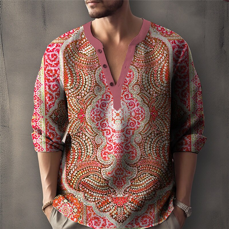 Men's Linen Shirt Graphic Prints Vintage Totem Stand Collar  Outdoor Street Long Sleeve Print Linen Casual Shirt 
