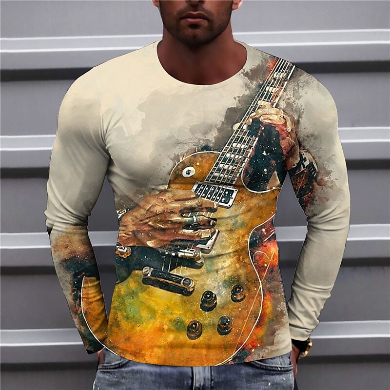 Men's T shirt Graphic Guitar Crew Neck 3D Print Outdoor Casual Long Sl