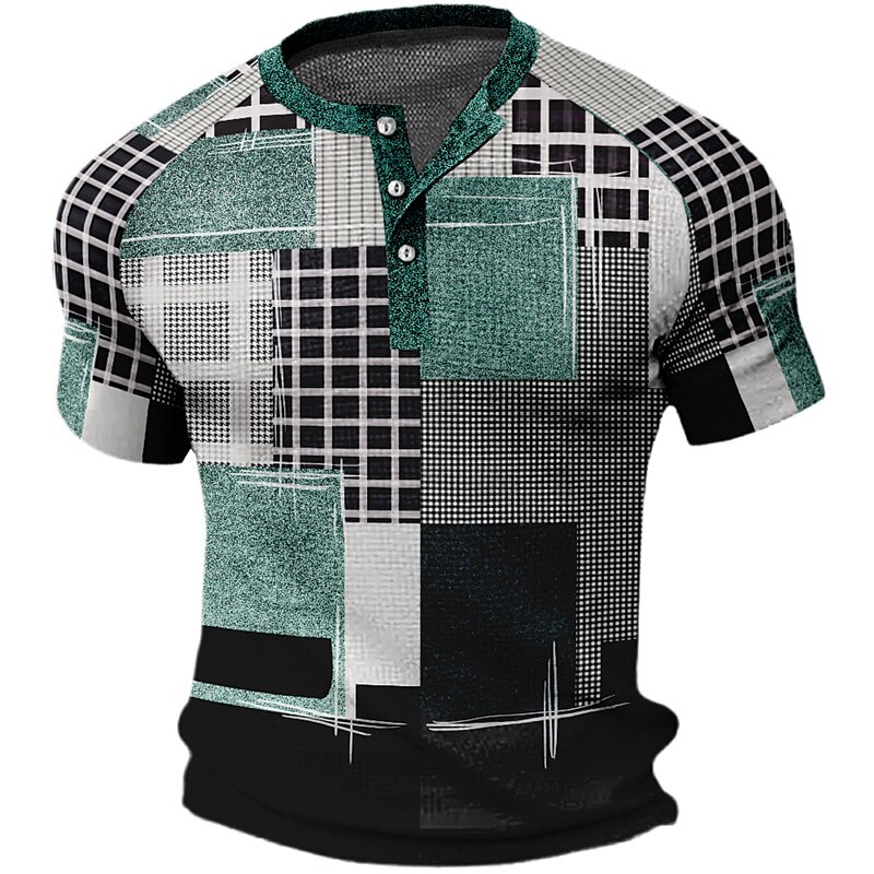 Men's Waffle Outdoor Fashion Casual Breathable Soft Plaid Print Short Sleeves Henley Shirt