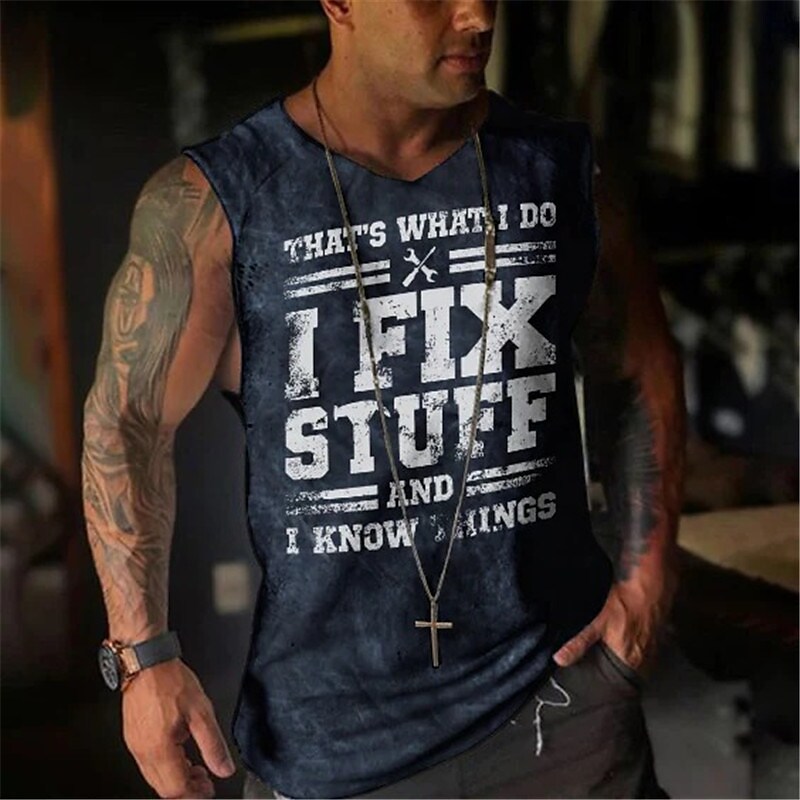 Men's Vest Top Sleeveless  Graphic Letter Crew Neck 3D Print Daily Sports Sleeveless Print Top