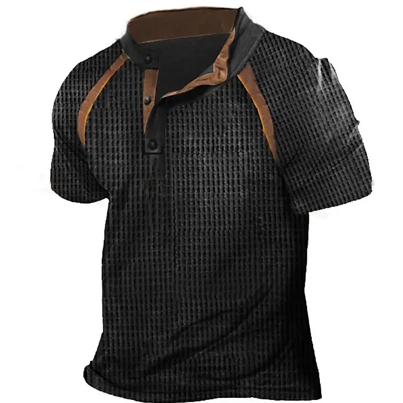 Men's Waffle Henley Shirt Graphic Plaid Checkered Henley 3D Print Outdoor Casual Short Sleeve Button-Down Top