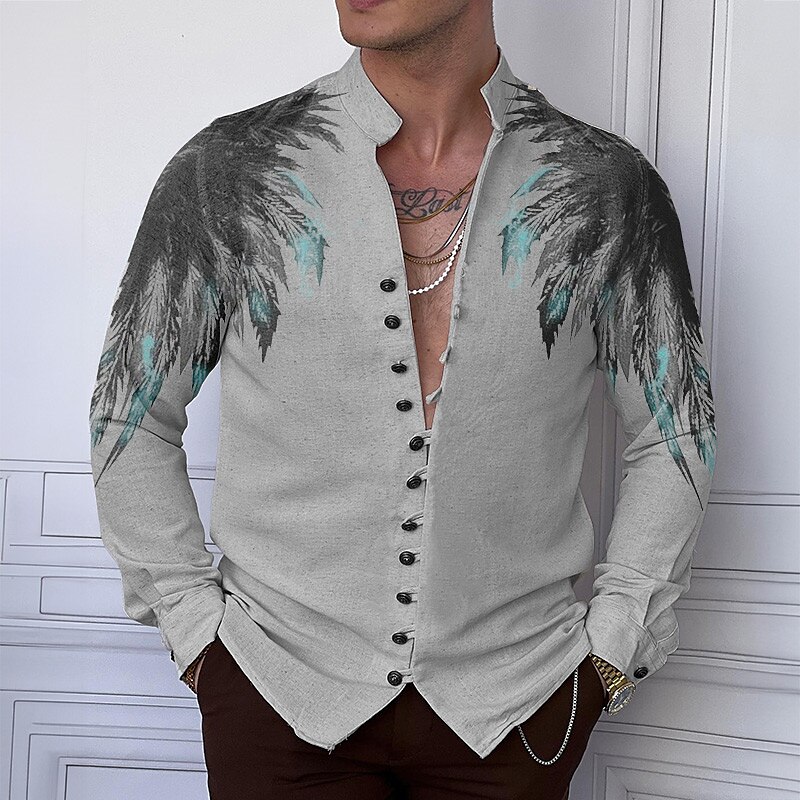 Men's Shirt Linen Shirt Wings Graphic Prints Stand Collar Outdoor Street Long Sleeve Print Linen  Casual Top
