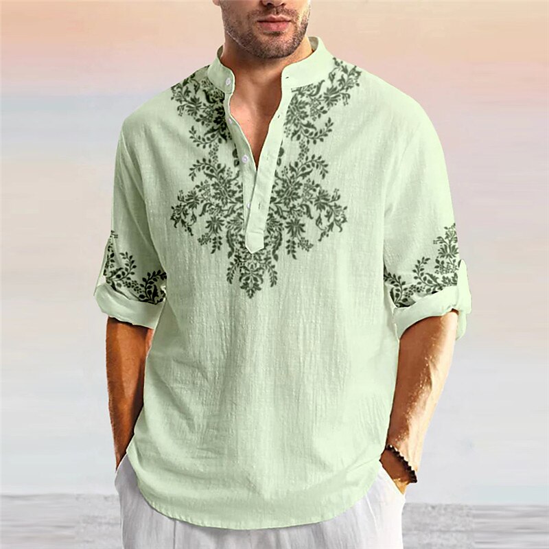 Men's Linen Shirt Floral Graphic Prints Stand Collar Outdoor Street Long Sleeve Print Linen Fashion Casual Shirt 