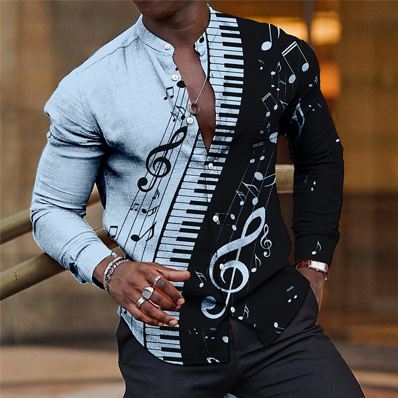 Men's Linen Graphic Prints Music Notes Pano Keys Stand Collar Long Sleeve Streetwear Casual Shirt 