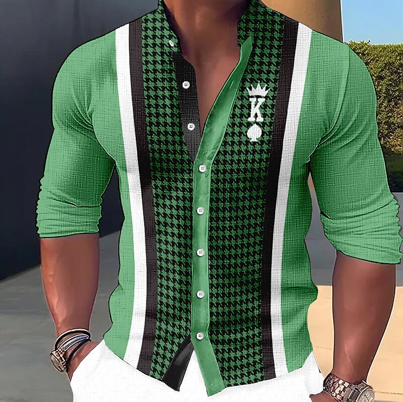 Men's  Linen Shirt Plaid / Check Graphic Smiley Face King Stand Collar Outdoor Street Long Sleeve Print Shirt