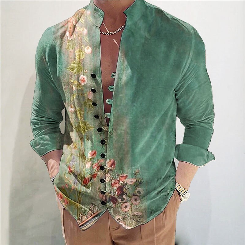 Men's Linen Shirt Floral Graphic Prints Stand Collar Outdoor Street Long Sleeve Print Linen Fashion Casual Shirt 