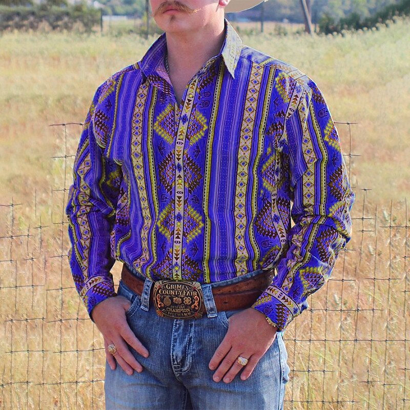 Men's Western Shirt Graphic Prints Vintage Geometry Turndown  Outdoor Street Long Sleeve Button-Down Print Fashion Casual Soft Shirt 