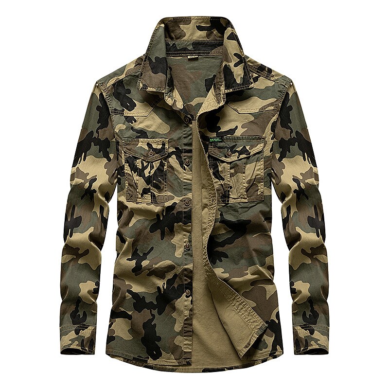 Men's Outdoor Hiking Climbing Camping Casual Pockets Wear Resistant Breathable Stretch Lapel Camo Shirt