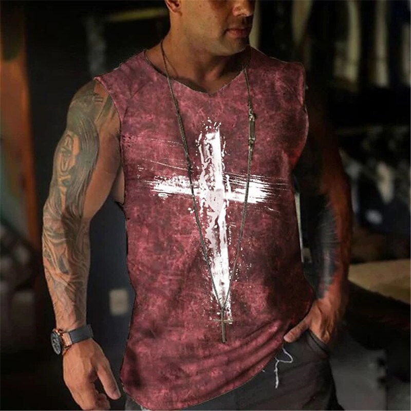 Men's Vest Top Sleeveless Graphic Cross Crew Neck 3D Print Daily Sports Sleeveless Fashion 