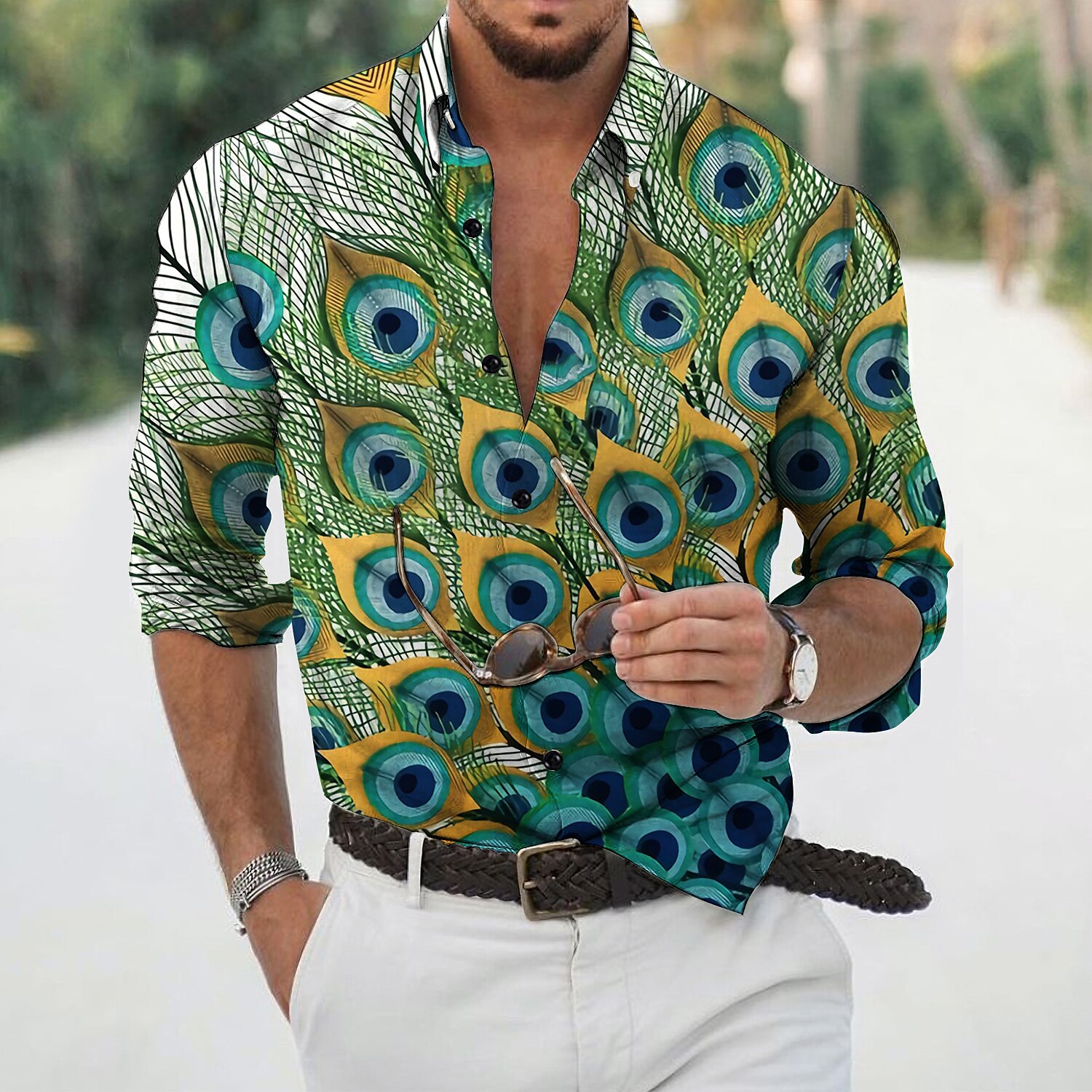 Men's Graphic Shirt Feather Stand Collar Print Outdoor Casual Long Sleeve Button-Down Casual Comfortable Shirt 