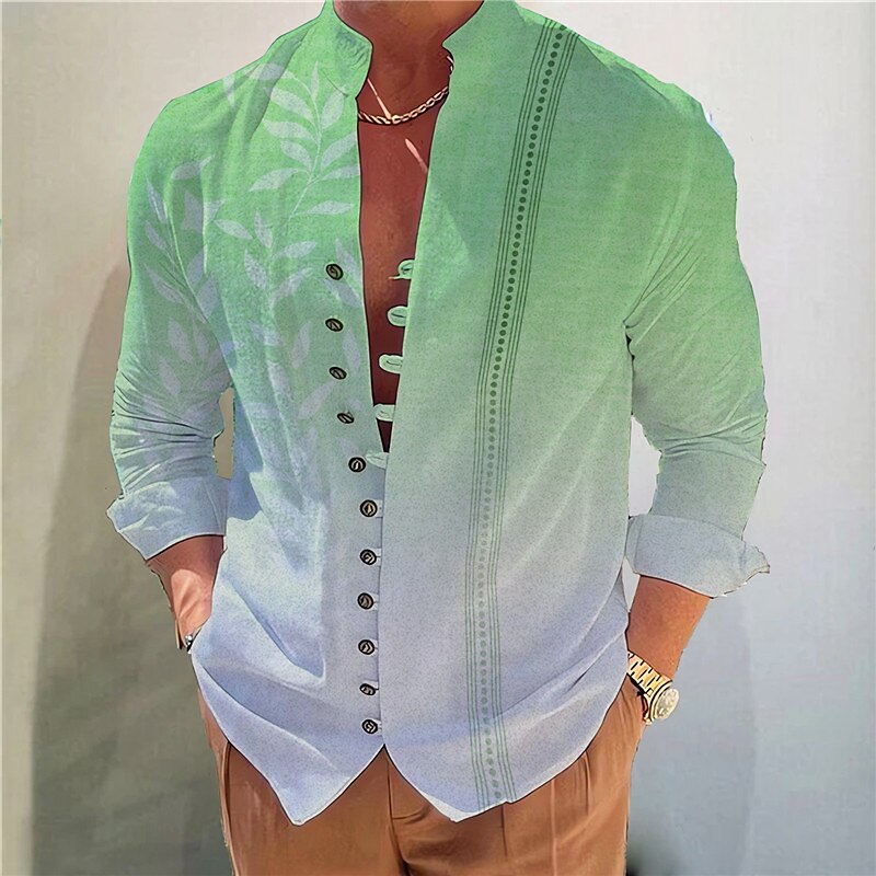 Men's Outdoor Street Fashion Casual Breathable Comfortable Light Print Stand Collar Long Sleeve Shirt