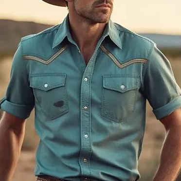 Men's Western Cowboy Street Fashion Casual Breathable Soft Pockets Print Short Sleeves Shirt