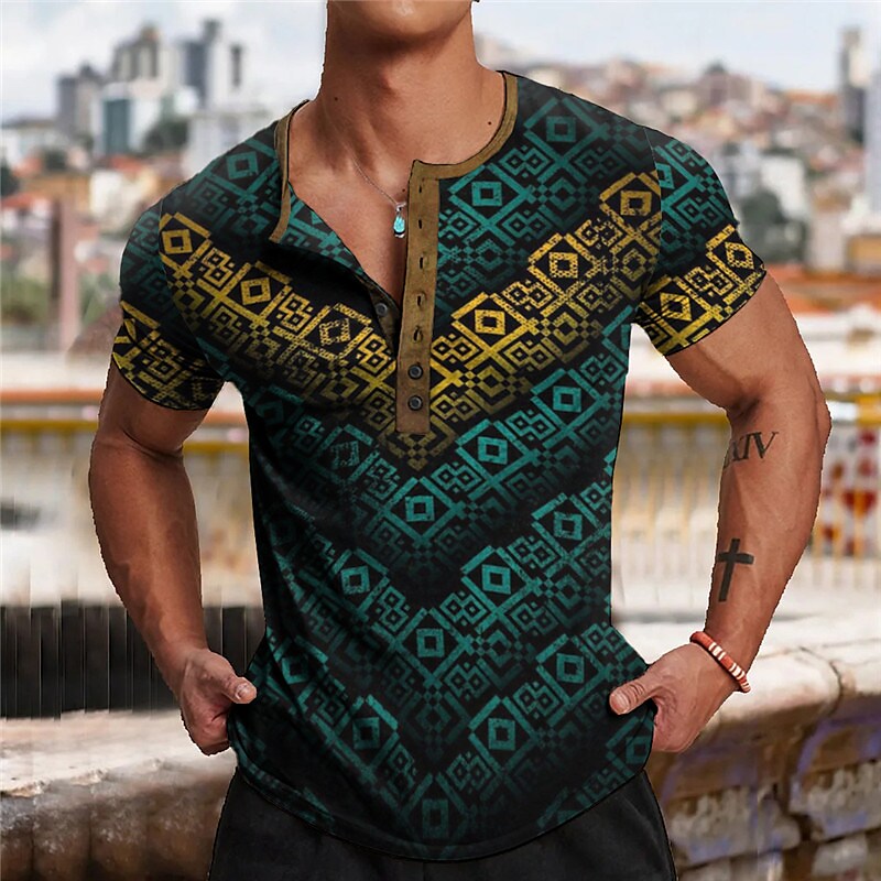 Men's Henley Shirt Tee Graphic Henley Print Outdoor Casual Short Sleeve Button-Down Comfortable Top
