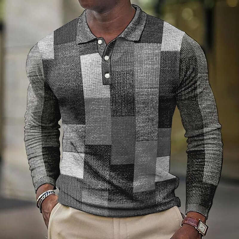 Men's Casual Outdoor Street Fashion Comfortable Soft Plaid Long Sleeves Polo Shirt