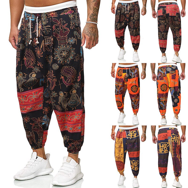 Men's Harem Trousers Pants Elastic Waist Animal Color Block Breathable