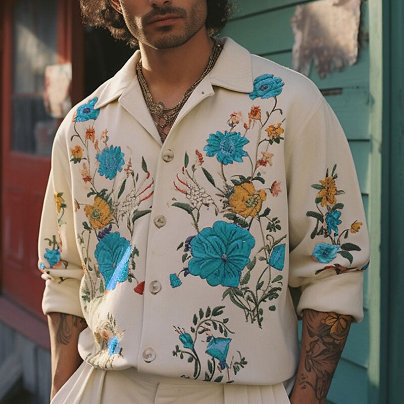 Men's Shirt Floral Graphic Prints Cuban Collar Outdoor Street Long Sleeve Print Fashion Casual Breathable Shirt 