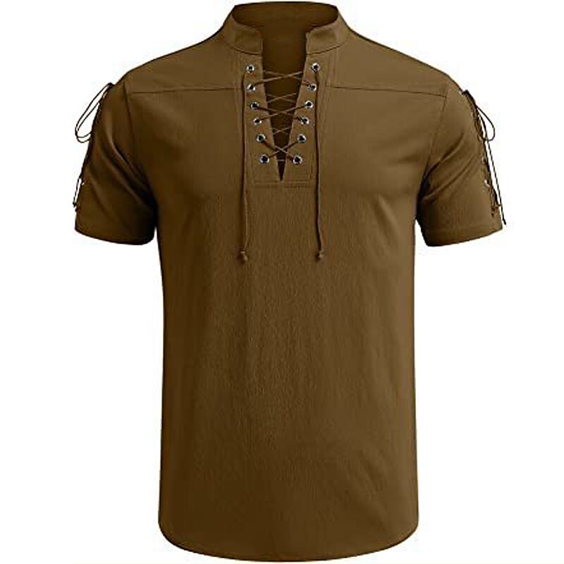 Men's Linen Shirt Beach Shirt V Neck Summer Short Sleeve Black White Brown Plain Casual Daily Lace up Top